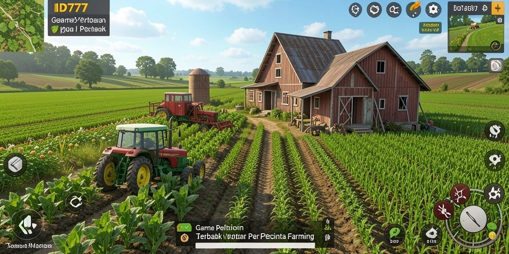 Screenshot menunjukkan gameplay seru ID777 dengan pertanian yang berkembang.